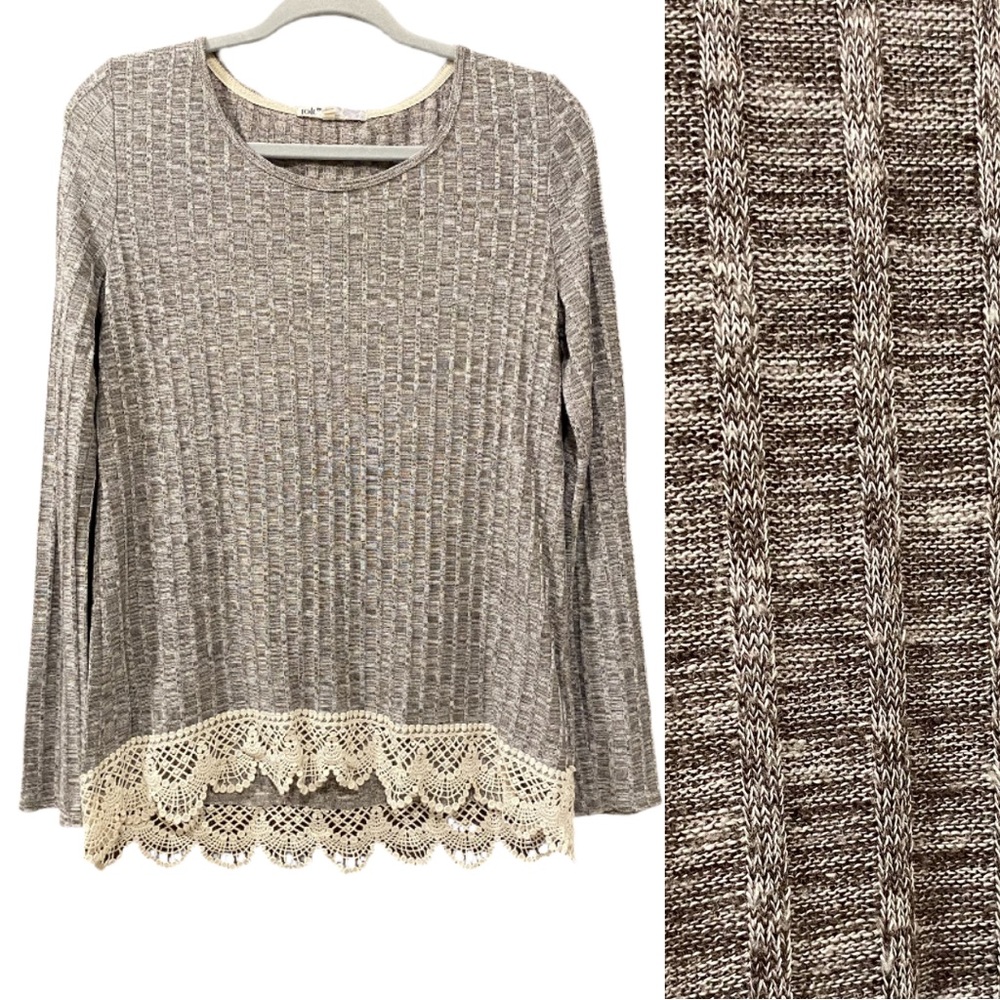 Jolt‎ Heathered Rib Knit Top Size Medium Crochet Hem Long Sleeve Boho Stretchy